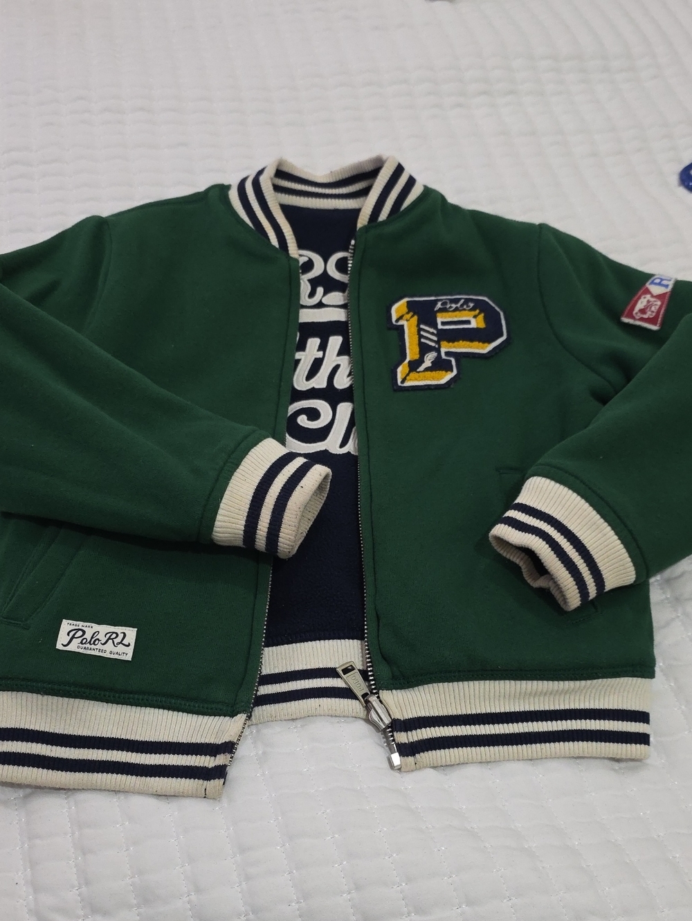 Polo by Ralph Lauren Green Kids Varsity Jacket with Navy Trim & Yellow Patch